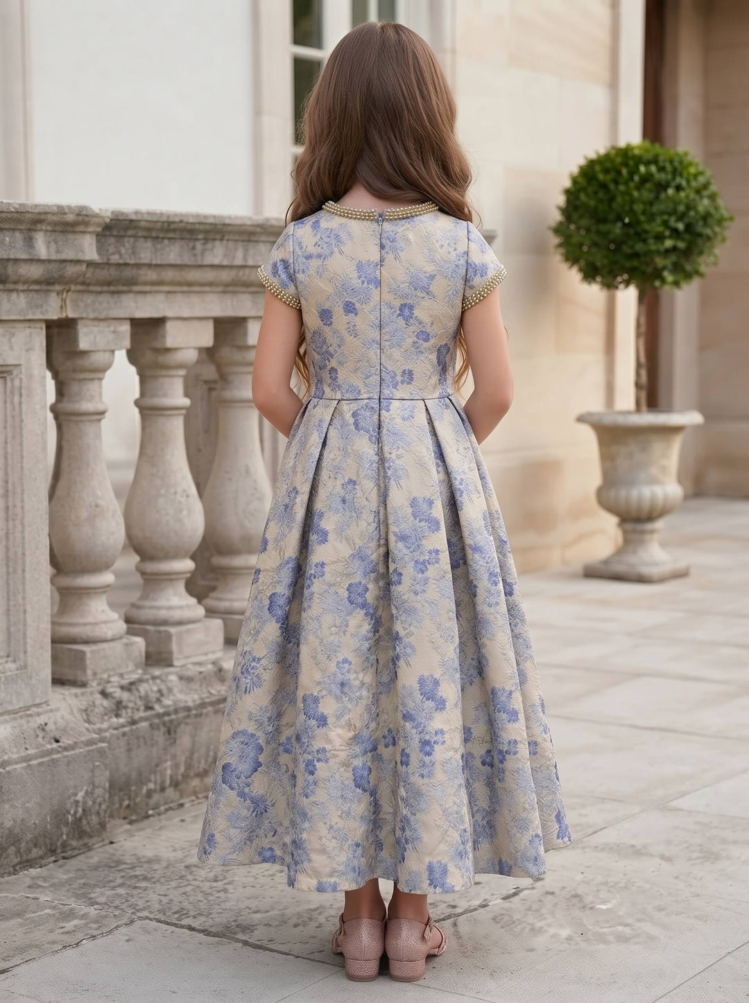 A-Line/Princess Scoop Short Sleeves Ankle-Length Flower Girl Dresses Jacquard Floral