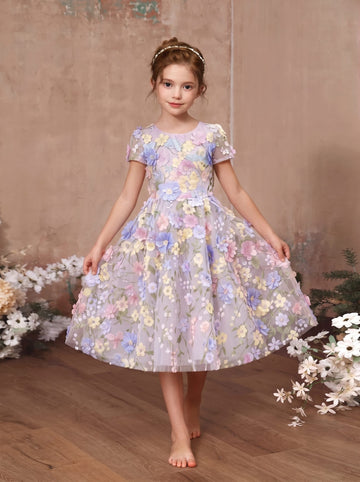 A-Line/Princess Scoop Short Sleeves Ankle-Length Flower Girl Dresses Embroidery with 3D Flowers