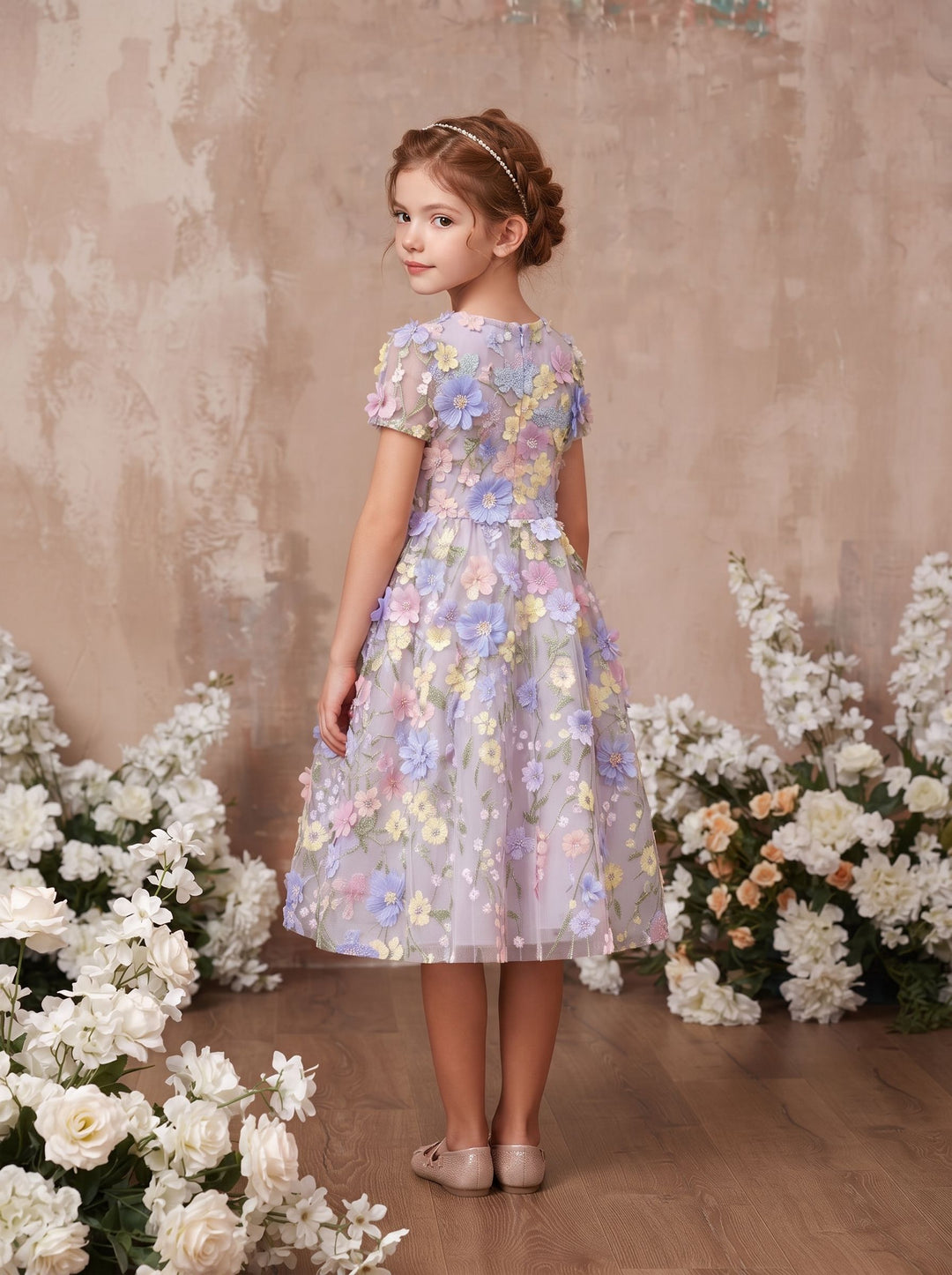 A-Line/Princess Scoop Short Sleeves Ankle-Length Flower Girl Dresses Embroidery with 3D Flowers