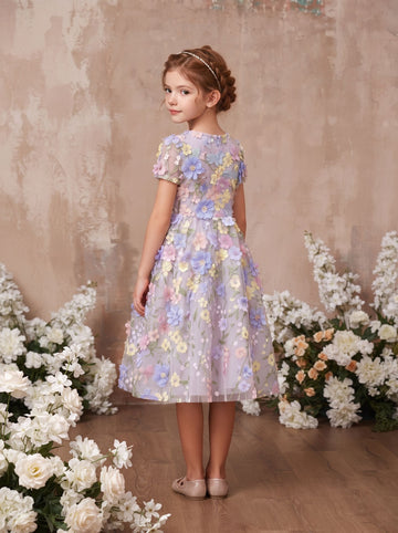 A-Line/Princess Scoop Short Sleeves Ankle-Length Flower Girl Dresses Embroidery with 3D Flowers