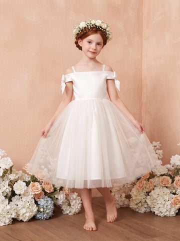 A-Line/Princess Off-the-Shoulder Flower Girl Dresses with Bowknot Tulle Ankle-Length Sleeveless