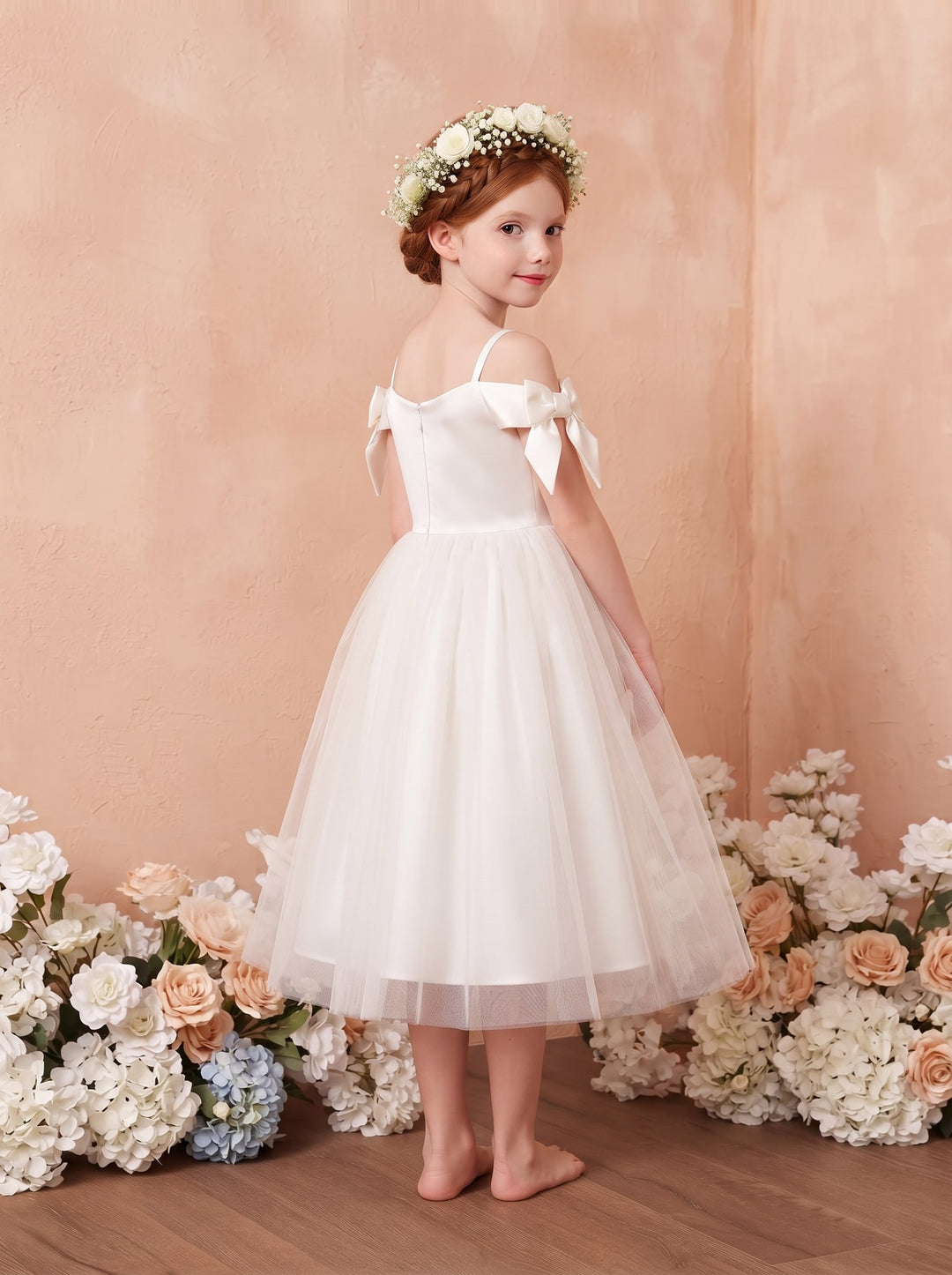 A-Line/Princess Off-the-Shoulder Flower Girl Dresses with Bowknot Tulle Ankle-Length Sleeveless