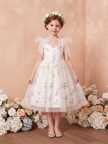 A-Line/Princess V-Neck Sleeveless Ankle-Length Flower Girl Dresses Tulle Floral