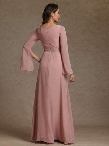 Sheath/Column V-Neck Long Sleeves Chiffon Mother of the Bride Dresses with Sash