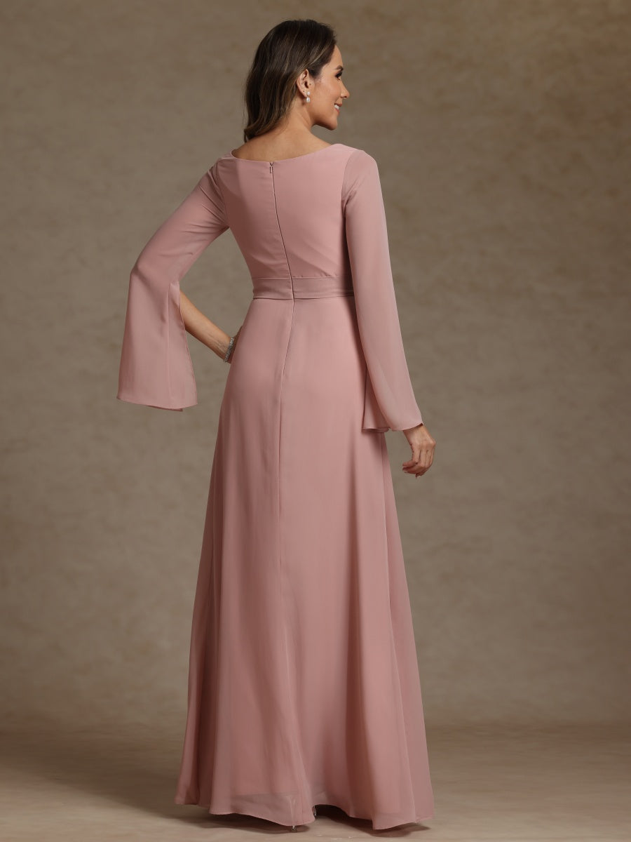 Sheath/Column V-Neck Long Sleeves Chiffon Mother of the Bride Dresses with Sash