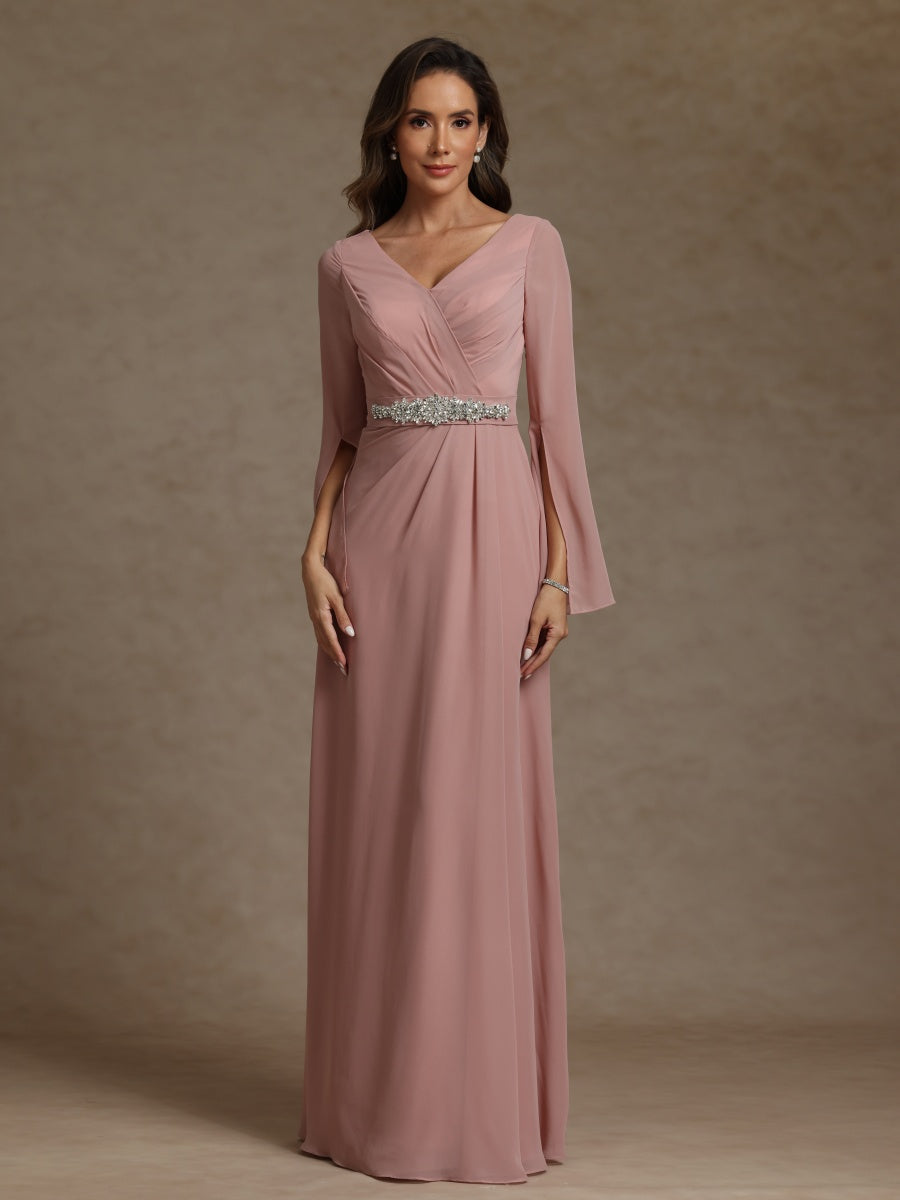 Sheath/Column V-Neck Long Sleeves Chiffon Mother of the Bride Dresses with Sash