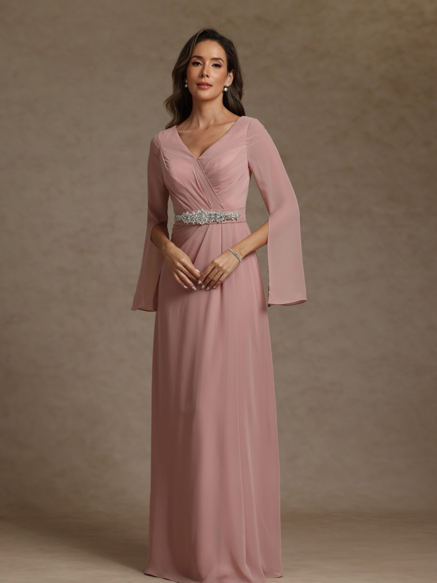 Sheath/Column V-Neck Long Sleeves Chiffon Mother of the Bride Dresses with Sash