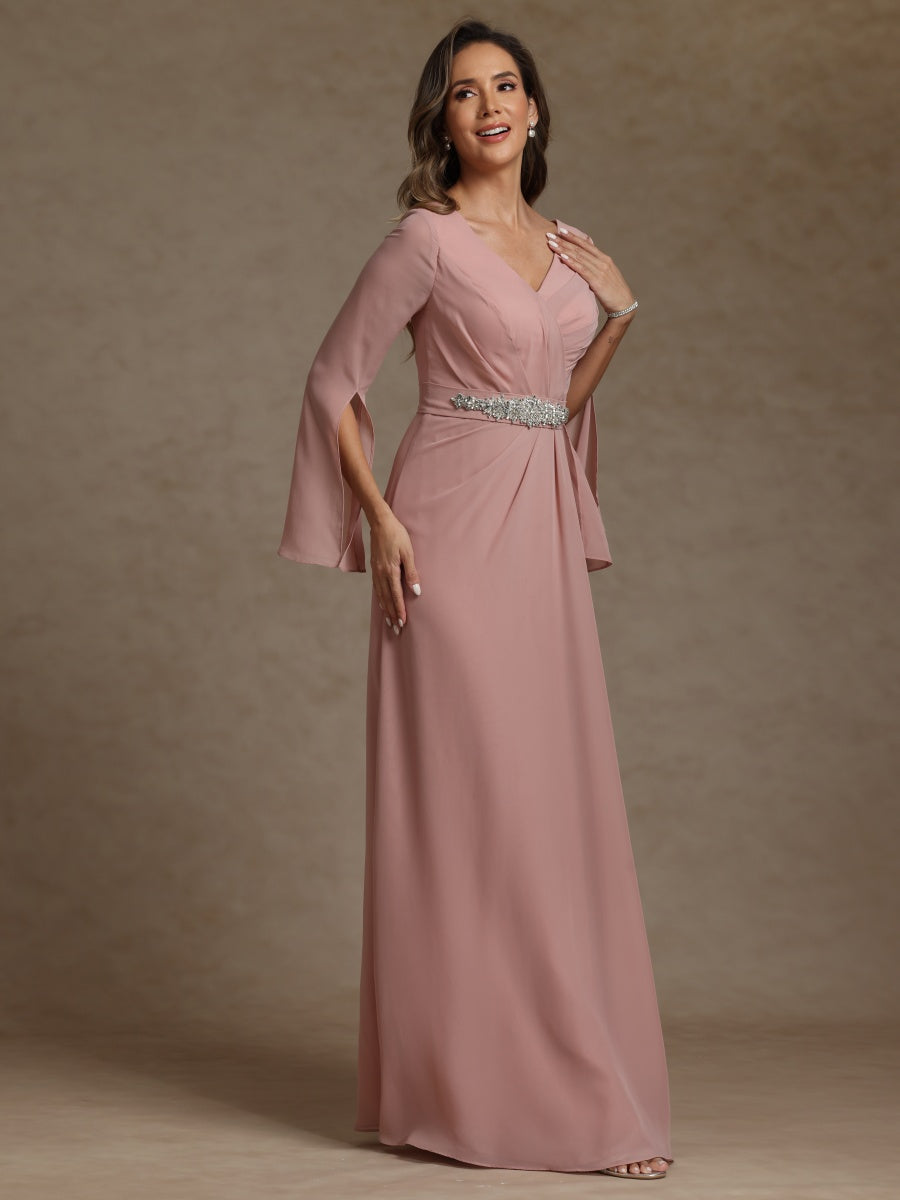 Sheath/Column V-Neck Long Sleeves Chiffon Mother of the Bride Dresses with Sash