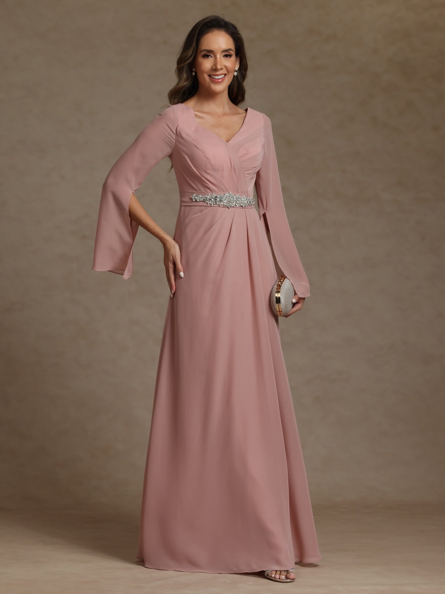 Sheath/Column V-Neck Long Sleeves Chiffon Mother of the Bride Dresses with Sash