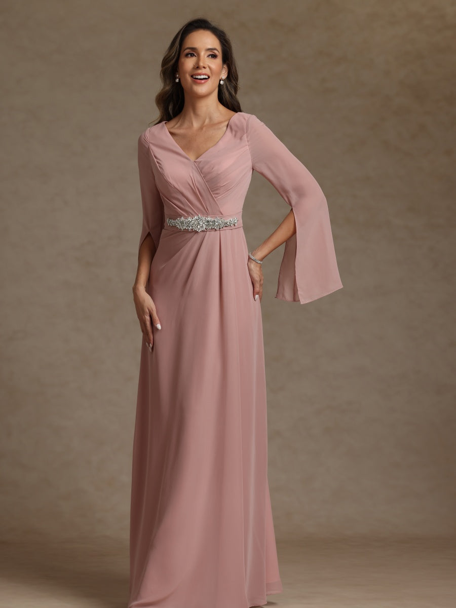Sheath/Column V-Neck Long Sleeves Chiffon Mother of the Bride Dresses with Sash