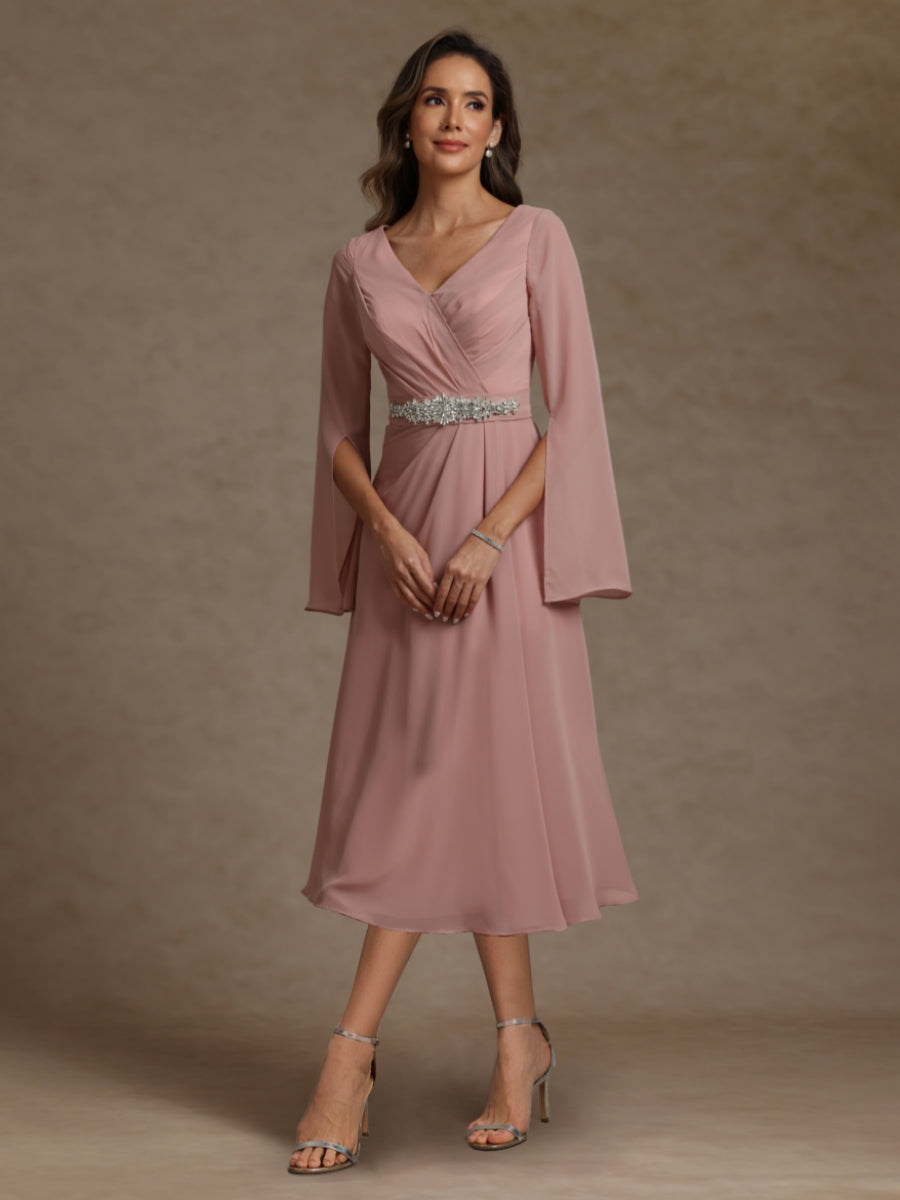 Chiffon Sheath/Column V-Neck Long Sleeves Mother of the Bride Dresses with Sash
