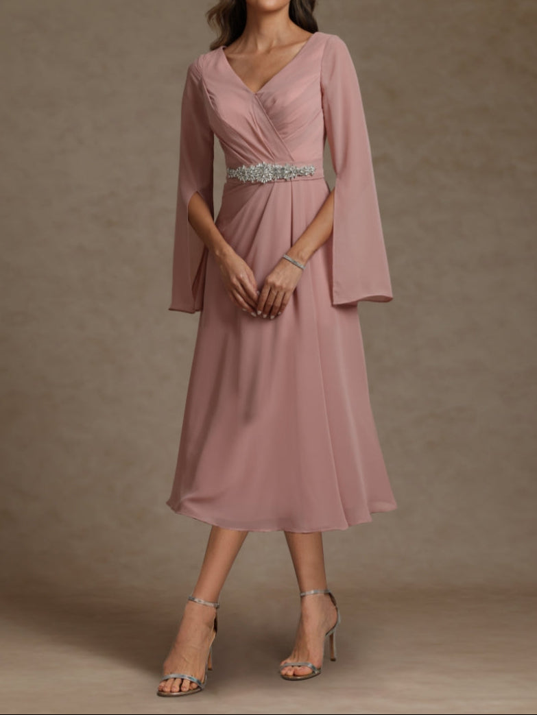 Chiffon Sheath/Column V-Neck Long Sleeves Mother of the Bride Dresses with Sash
