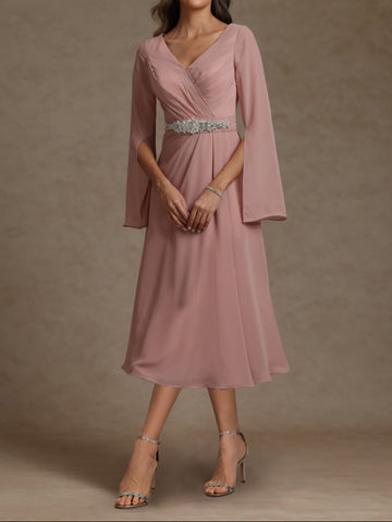 Chiffon Sheath/Column V-Neck Long Sleeves Mother of the Bride Dresses with Sash
