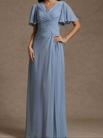 A-Line/Princess V-Neck Short Sleeves Ruched Long Mother of the Bride Dresses
