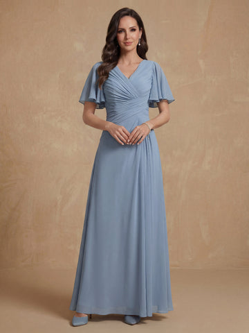 A-Line/Princess V-Neck Short Sleeves Ruched Long Mother of the Bride Dresses