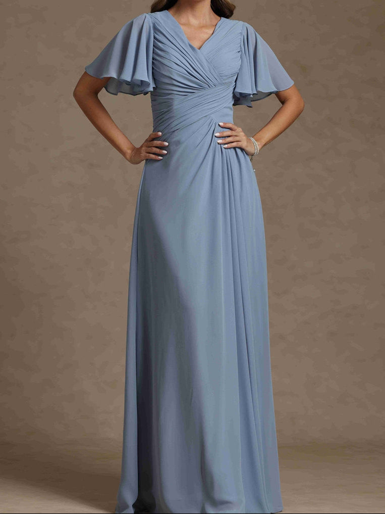 A-Line/Princess V-Neck Short Sleeves Ruched Long Mother of the Bride Dresses