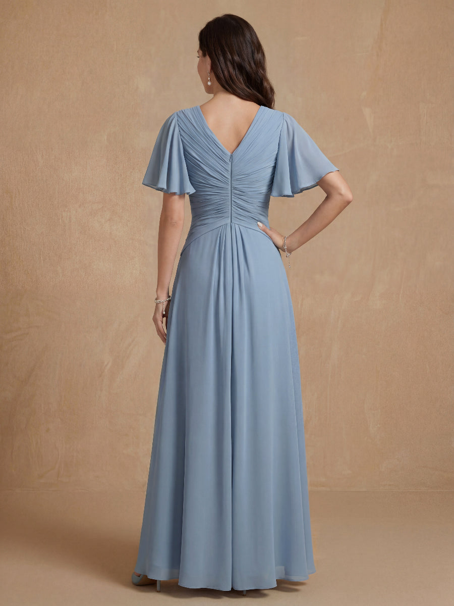 A-Line/Princess V-Neck Short Sleeves Ruched Long Mother of the Bride Dresses