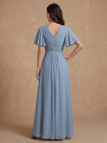 A-Line/Princess V-Neck Short Sleeves Ruched Long Mother of the Bride Dresses