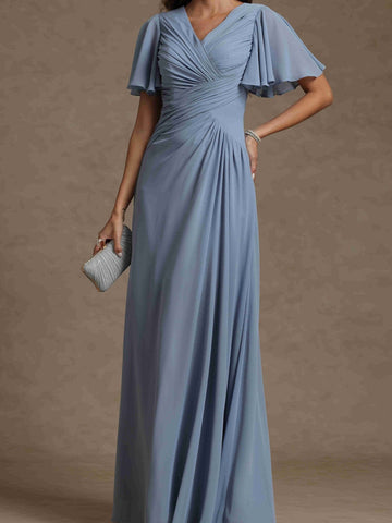 A-Line/Princess V-Neck Short Sleeves Ruched Long Mother of the Bride Dresses