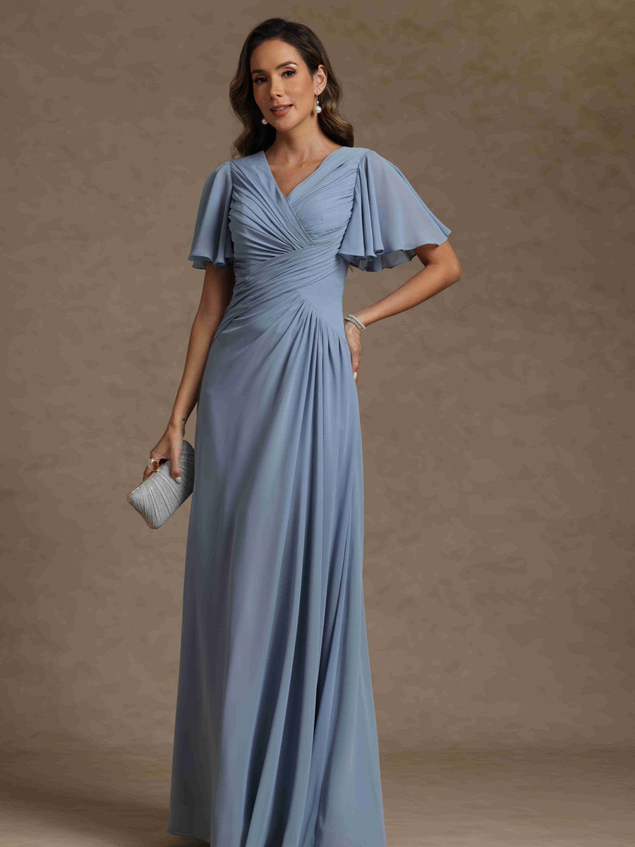 A-Line/Princess V-Neck Short Sleeves Ruched Long Mother of the Bride Dresses