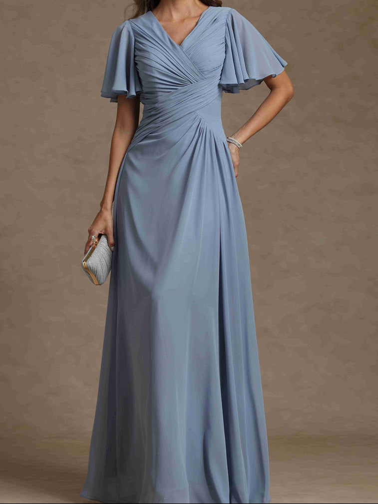A-Line/Princess V-Neck Short Sleeves Ruched Long Mother of the Bride Dresses