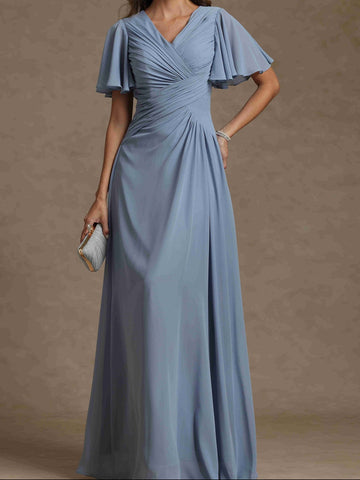 A-Line/Princess V-Neck Short Sleeves Ruched Long Mother of the Bride Dresses
