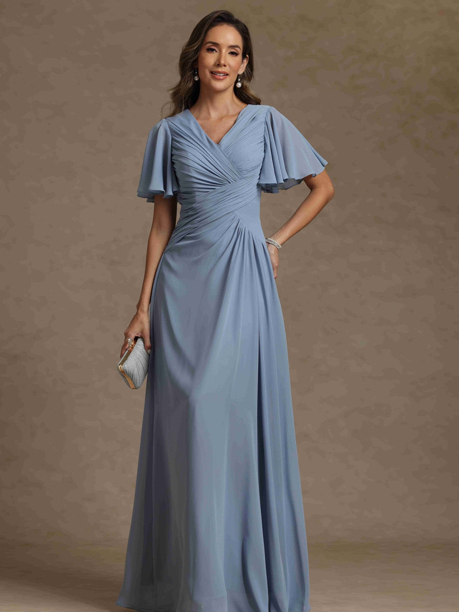 A-Line/Princess V-Neck Short Sleeves Ruched Long Mother of the Bride Dresses