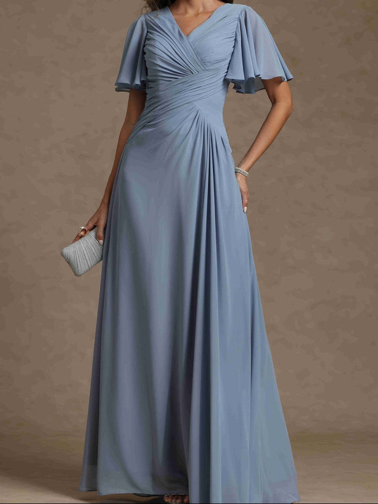 A-Line/Princess V-Neck Short Sleeves Ruched Long Mother of the Bride Dresses