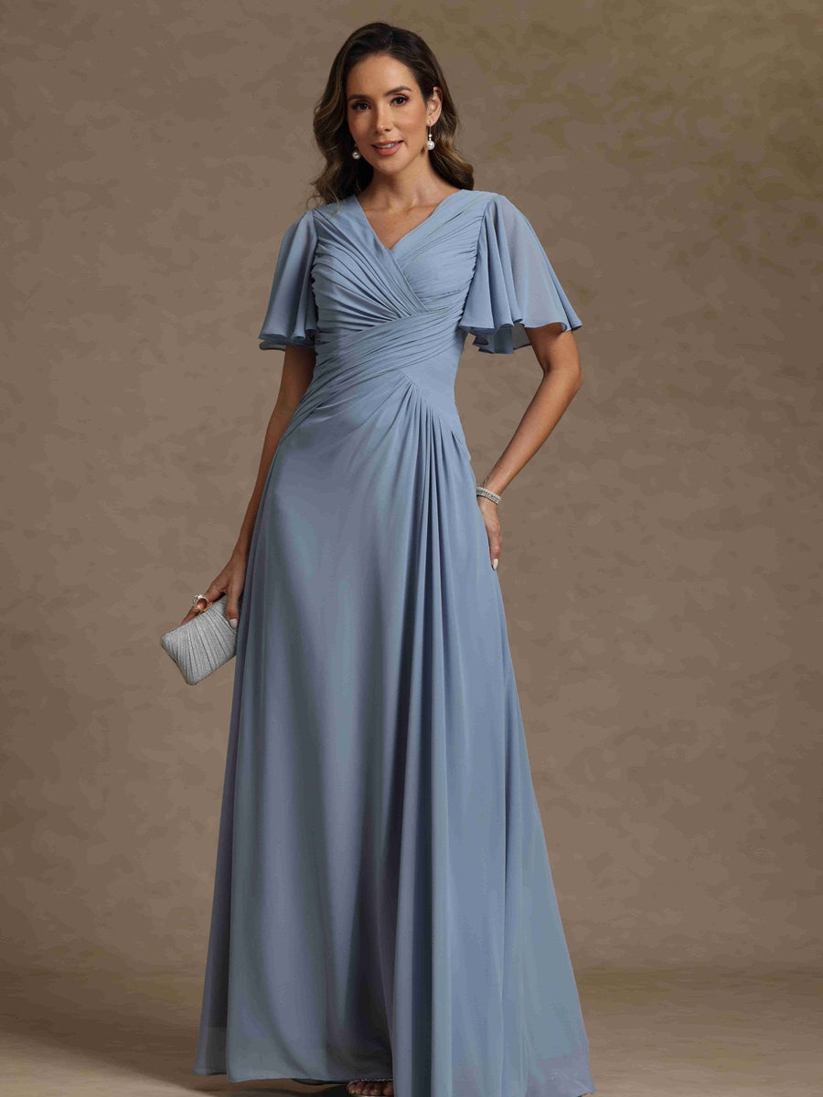 A-Line/Princess V-Neck Short Sleeves Ruched Long Mother of the Bride Dresses