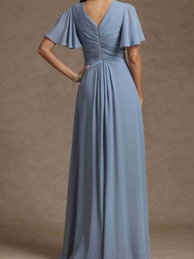 A-Line/Princess V-Neck Short Sleeves Ruched Long Mother of the Bride Dresses
