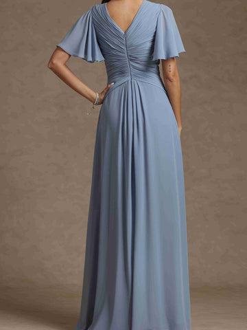 A-Line/Princess V-Neck Short Sleeves Ruched Long Mother of the Bride Dresses