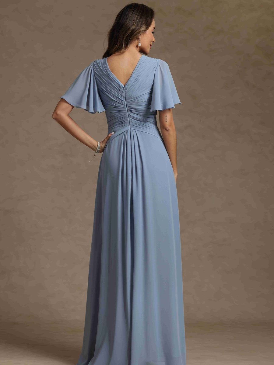 A-Line/Princess V-Neck Short Sleeves Ruched Long Mother of the Bride Dresses