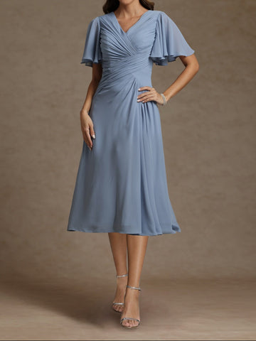 A-Line/Princess V-Neck Short Sleeves Ruched Mother of the Bride Dresses