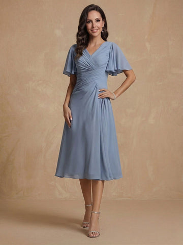 A-Line/Princess V-Neck Short Sleeves Ruched Mother of the Bride Dresses