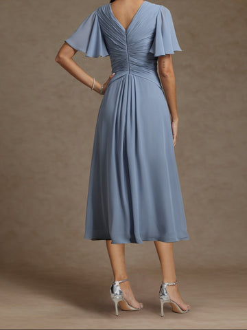 A-Line/Princess V-Neck Short Sleeves Ruched Mother of the Bride Dresses