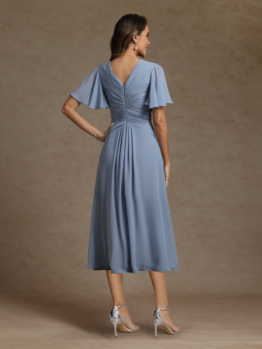 A-Line/Princess V-Neck Short Sleeves Ruched Mother of the Bride Dresses
