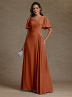 A-Line/Princess V-Neck Short Sleeves Ruched Long Mother of the Bride Dresses
