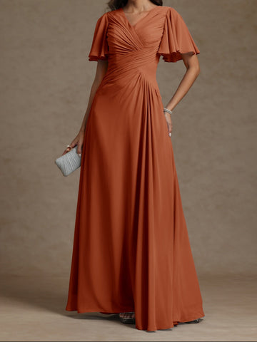 A-Line/Princess V-Neck Short Sleeves Ruched Long Mother of the Bride Dresses