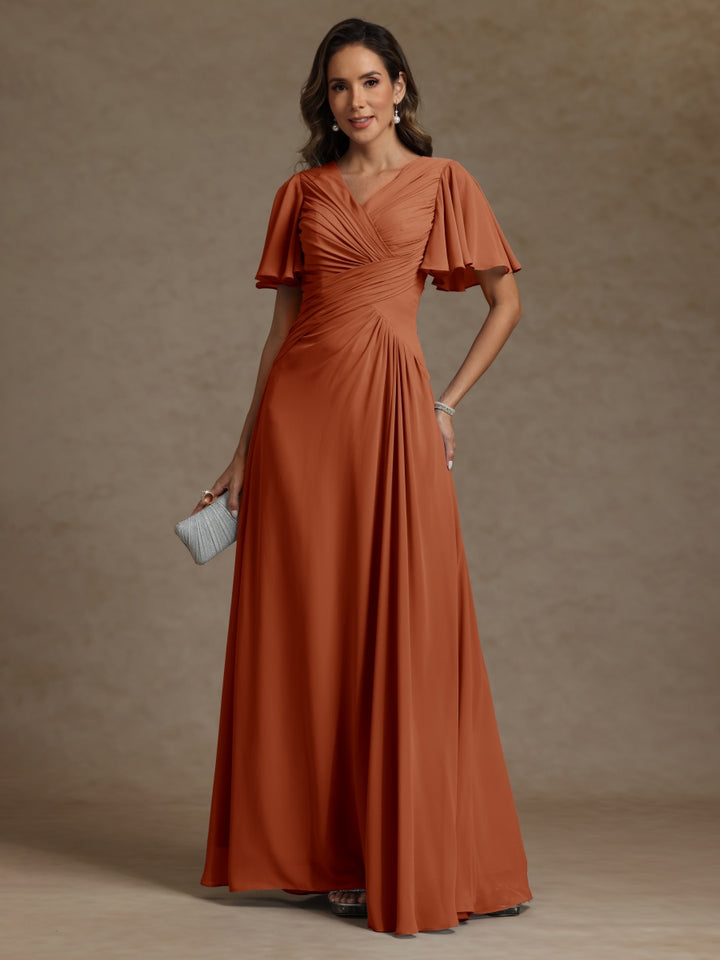 A-Line/Princess V-Neck Short Sleeves Ruched Long Mother of the Bride Dresses