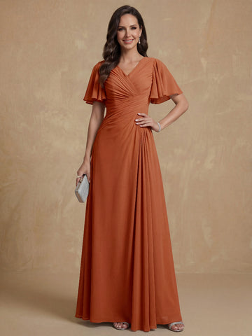 A-Line/Princess V-Neck Short Sleeves Ruched Long Mother of the Bride Dresses