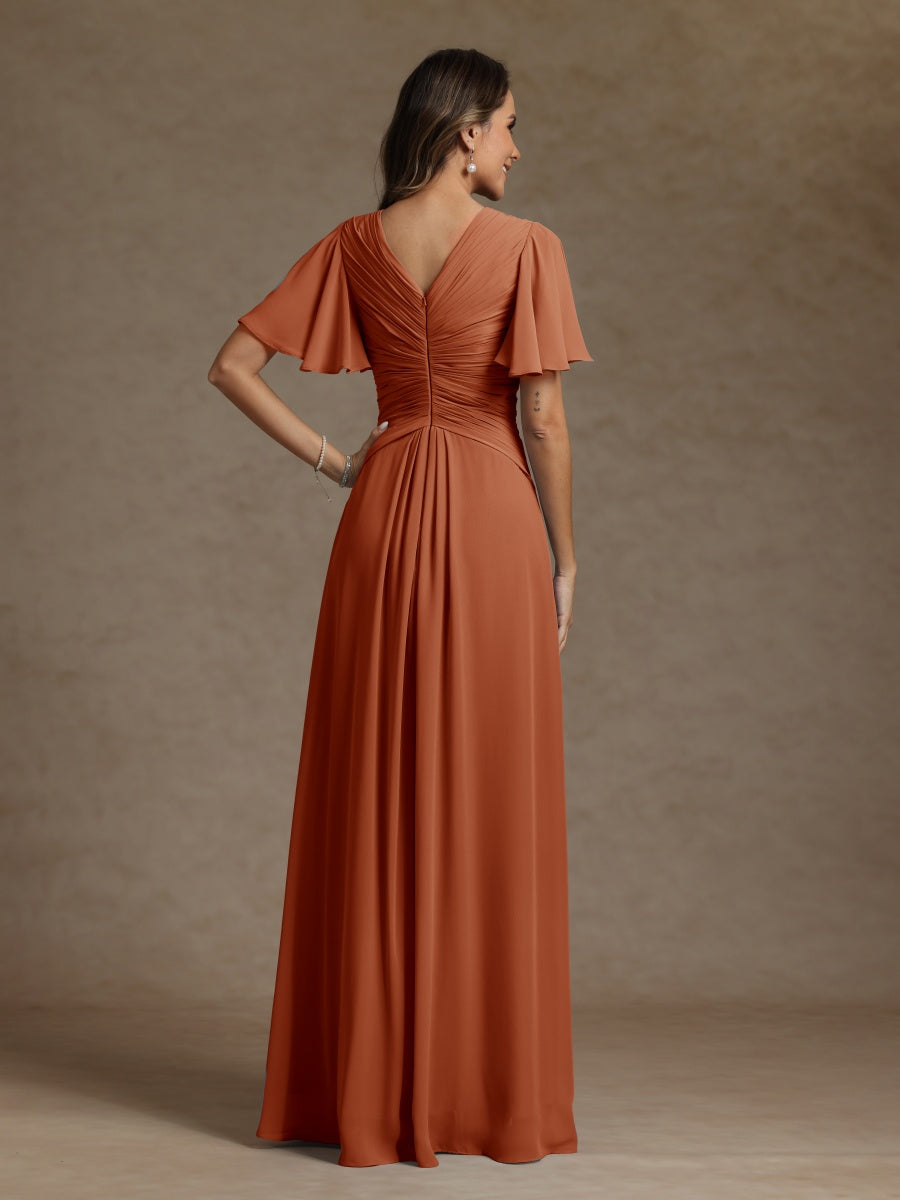 A-Line/Princess V-Neck Short Sleeves Ruched Long Mother of the Bride Dresses