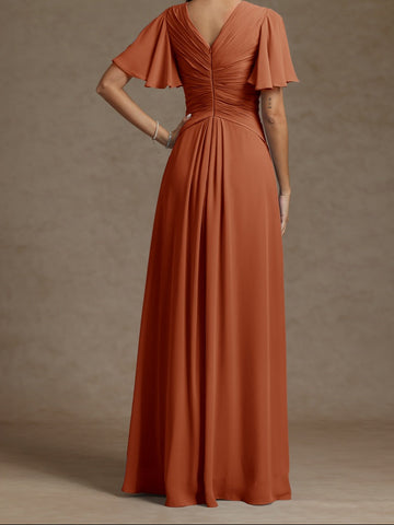 A-Line/Princess V-Neck Short Sleeves Ruched Long Mother of the Bride Dresses