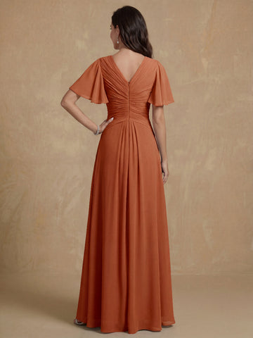 A-Line/Princess V-Neck Short Sleeves Ruched Long Mother of the Bride Dresses
