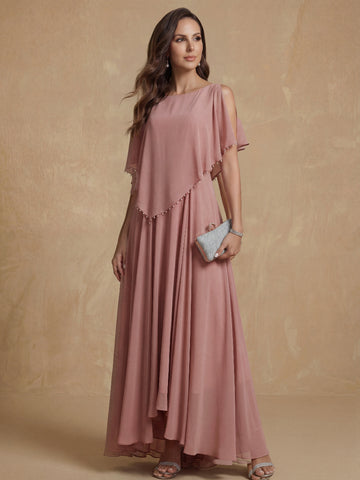 A-Line/Princess Crew Neck Short Sleeves Mother of the Bride Dresses With Beading