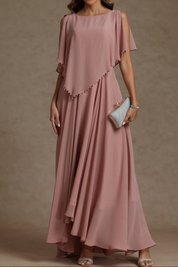 A-Line/Princess Crew Neck Short Sleeves Mother of the Bride Dresses With Beading