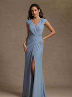 Sheath/Column V-Neck Sleeveless Ruched Long Mother of the Bride Dresses