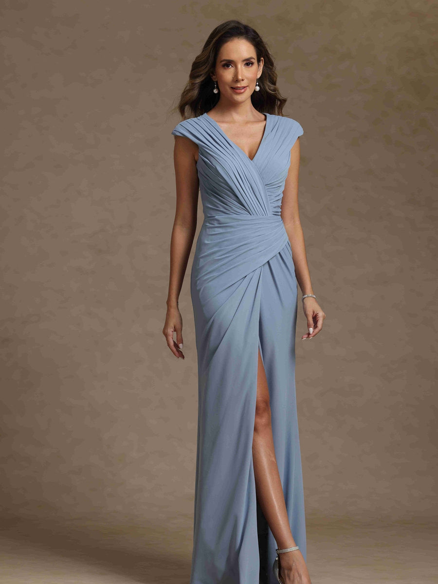 Sheath/Column V-Neck Sleeveless Ruched Long Mother of the Bride Dresses