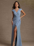 Sheath/Column V-Neck Sleeveless Ruched Long Mother of the Bride Dresses