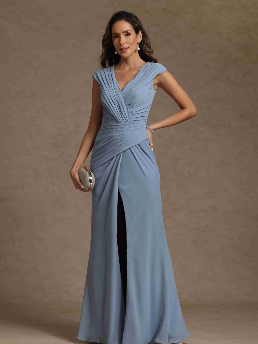 Sheath/Column V-Neck Sleeveless Ruched Long Mother of the Bride Dresses