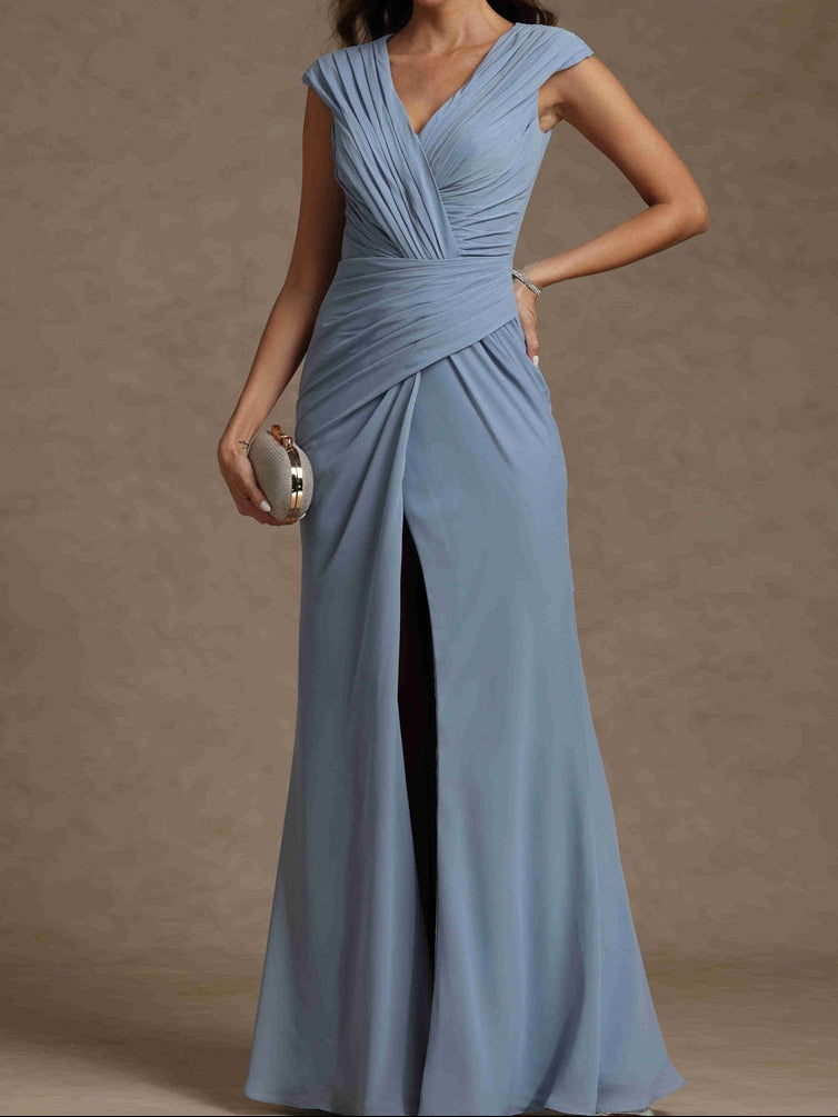 Sheath/Column V-Neck Sleeveless Ruched Long Mother of the Bride Dresses